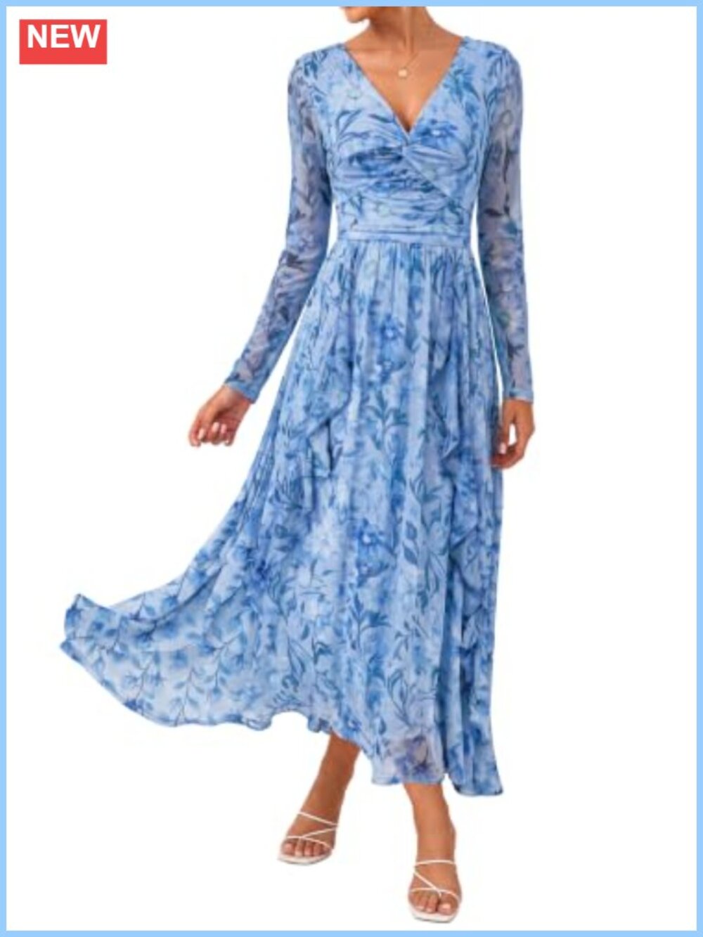 Long Sleeve Floral Maxi Dress Twist Front A-Line Formal Wedding Guest